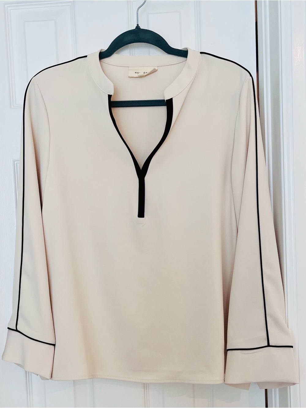 Melloday Cream Black Piping Blouse - Relaxed Size M